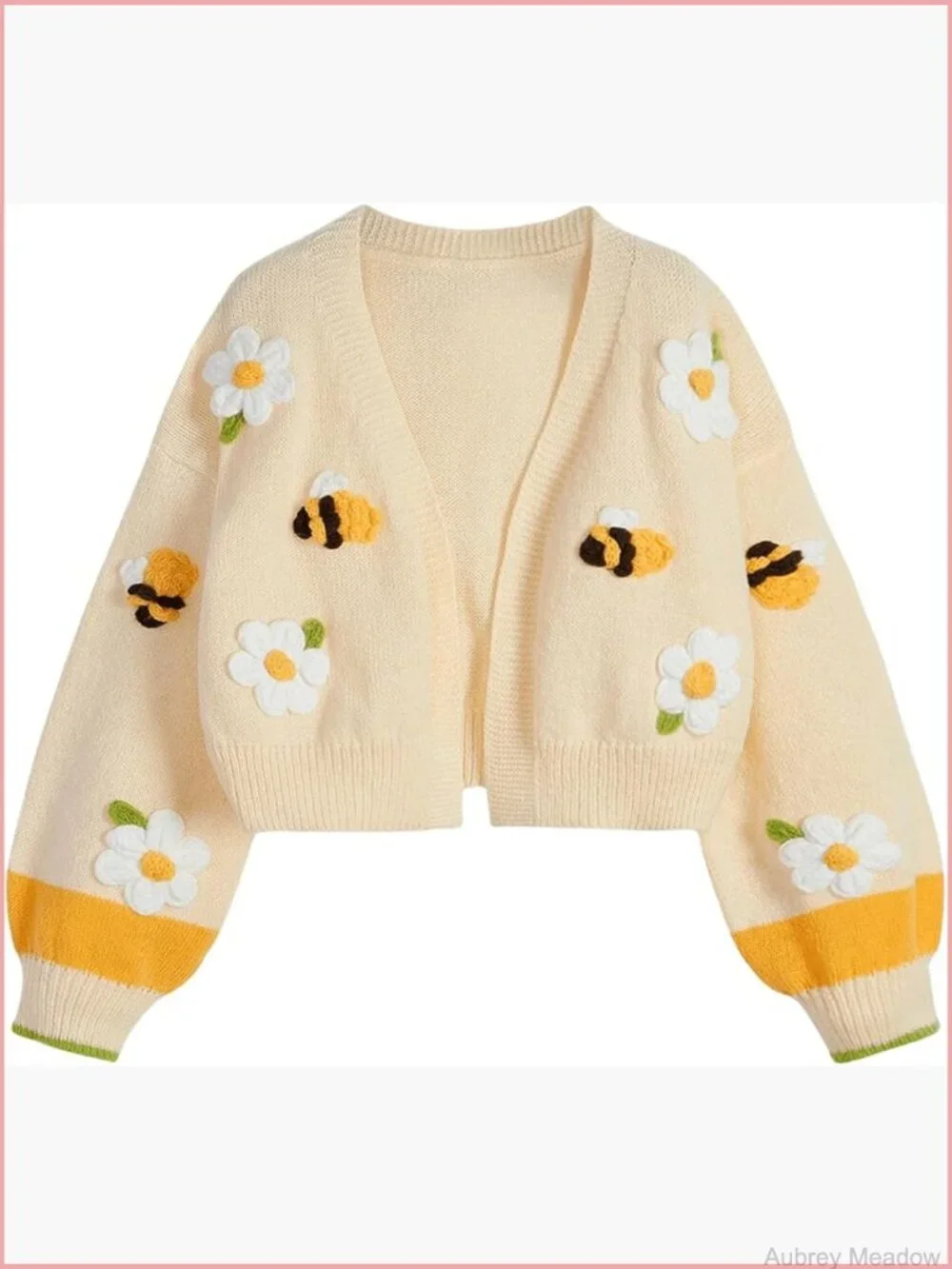 Crop Cardigan Floral Bee Embroidered Open Front Lantern Sleeve Knit Sweet